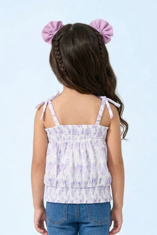Lavender Floral Smocked Tie-Up Top with Shoulder Bows TG6376