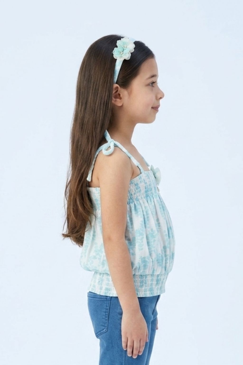 Sky Blue Floral Smocked Tie-Up Top with Shoulder Bows TG6376