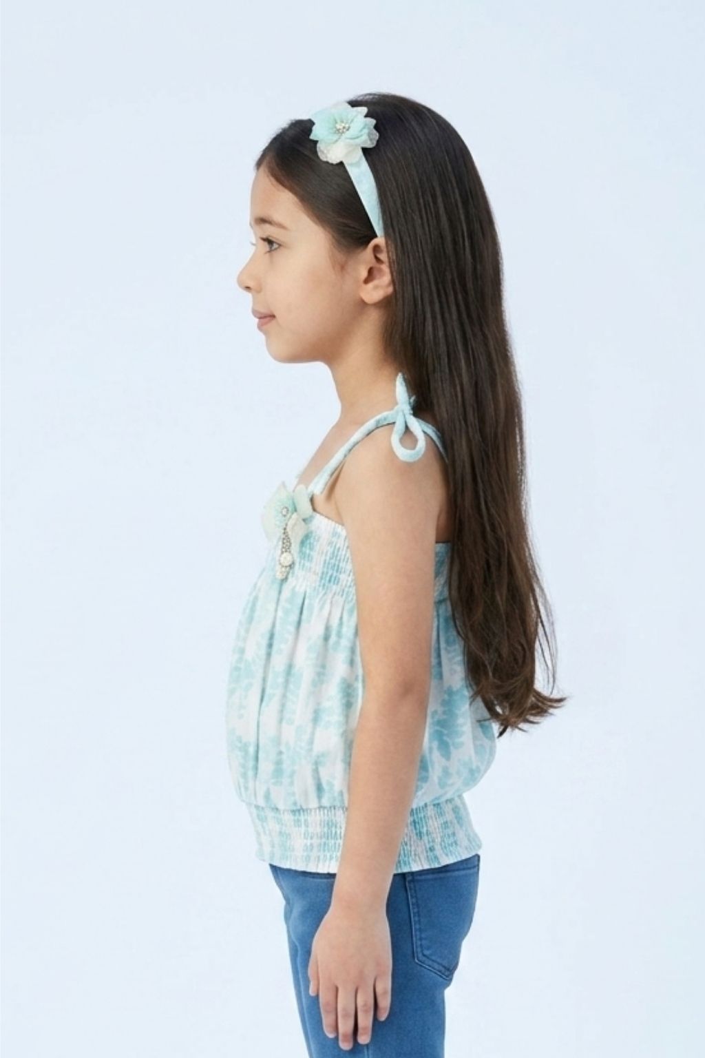 Sky Blue Floral Smocked Tie-Up Top with Shoulder Bows TG6376