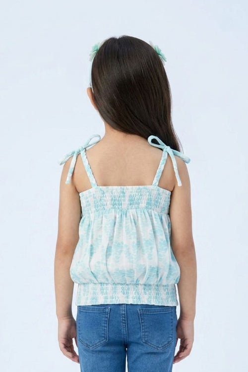 Sky Blue Floral Smocked Tie-Up Top with Shoulder Bows TG6376