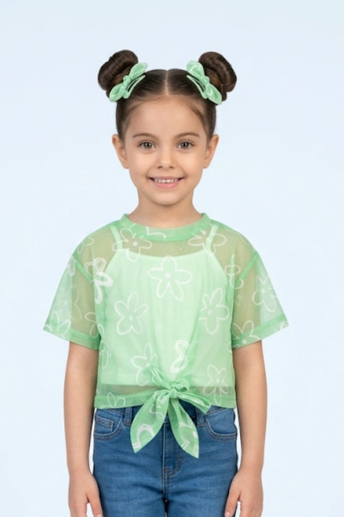 Mint Bloom Half Sleeves Sheer Tie-Up Top TG6378