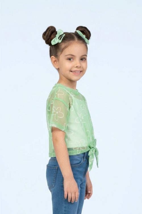 Mint Bloom Half Sleeves Sheer Tie-Up Top TG6378