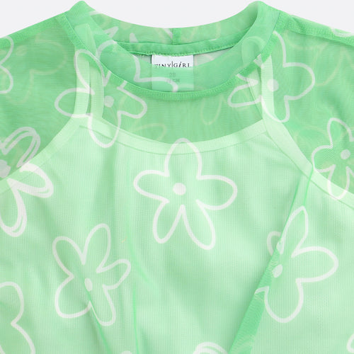 Mint Bloom Half Sleeves Sheer Tie-Up Top TG6378