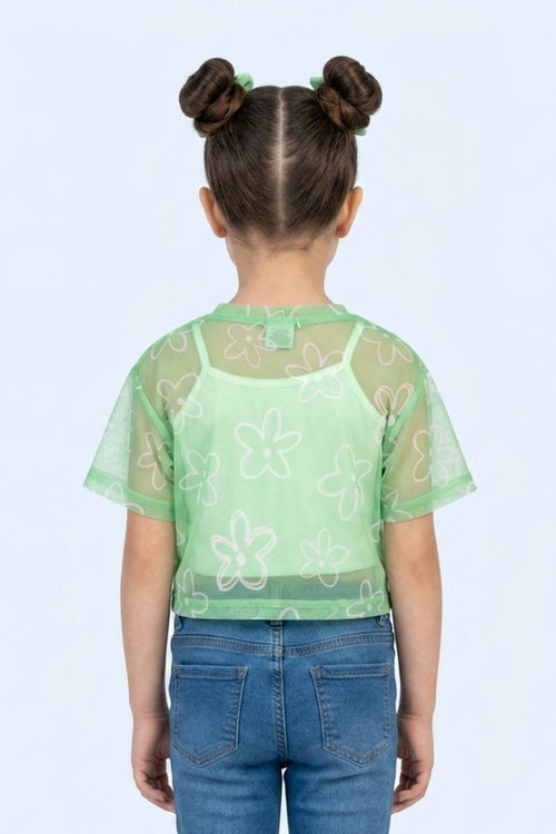 Mint Bloom Half Sleeves Sheer Tie-Up Top TG6378