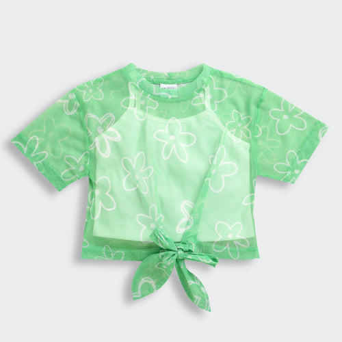 Mint Bloom Half Sleeves Sheer Tie-Up Top TG6378