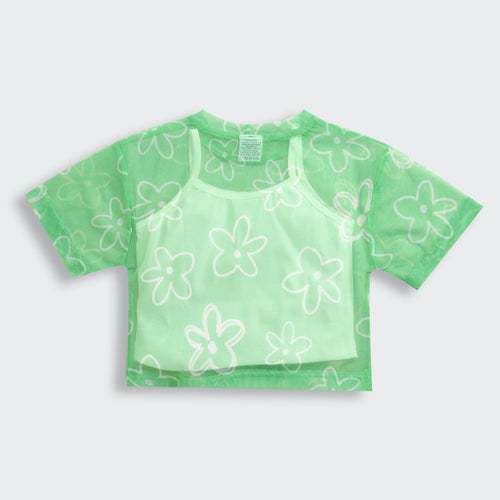 Mint Bloom Half Sleeves Sheer Tie-Up Top TG6378