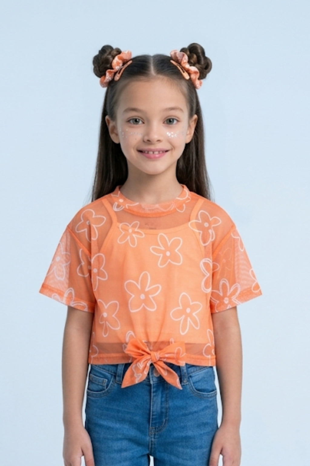 Orange Floral Mesh Tie-Up Top with Inner Camisole TG6378