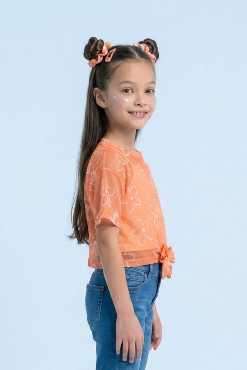 Orange Floral Mesh Tie-Up Top with Inner Camisole TG6378