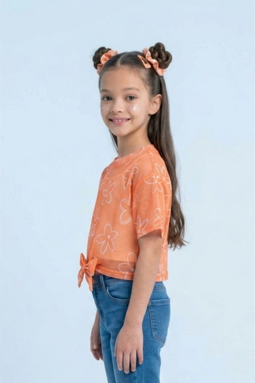 Orange Floral Mesh Tie-Up Top with Inner Camisole TG6378