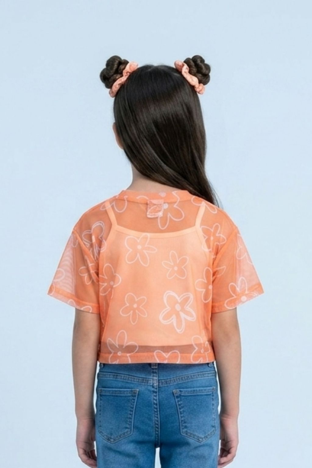 Orange Floral Mesh Tie-Up Top with Inner Camisole TG6378