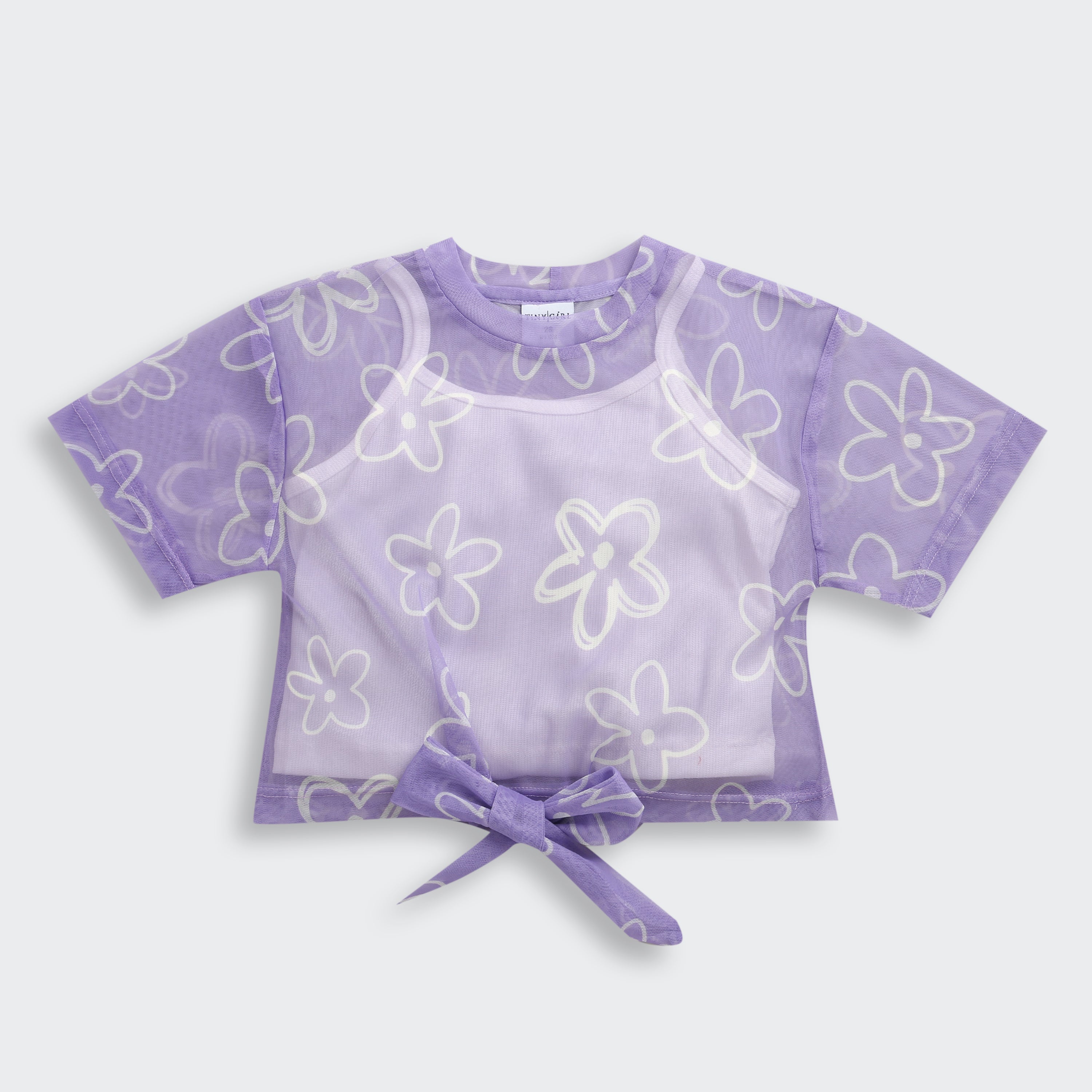 Purple Floral Mesh Tie-Up Top with Inner Camisole TG6378