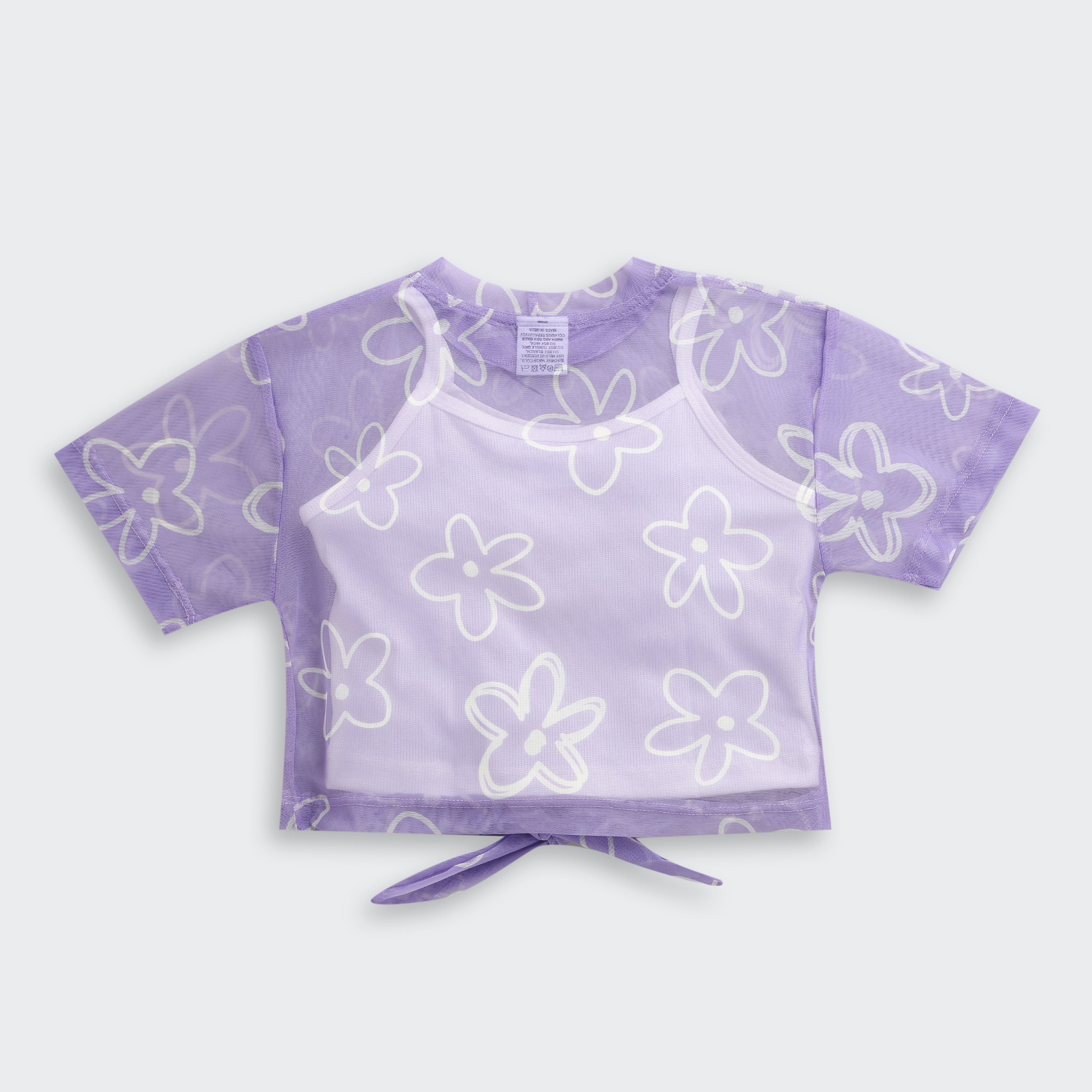 Purple Floral Mesh Tie-Up Top with Inner Camisole TG6378