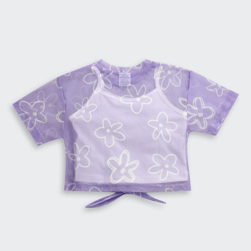 Purple Floral Mesh Tie-Up Top with Inner Camisole TG6378