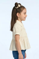 Cream Button-Down Peplum Top with Puff Sleeves TG6379