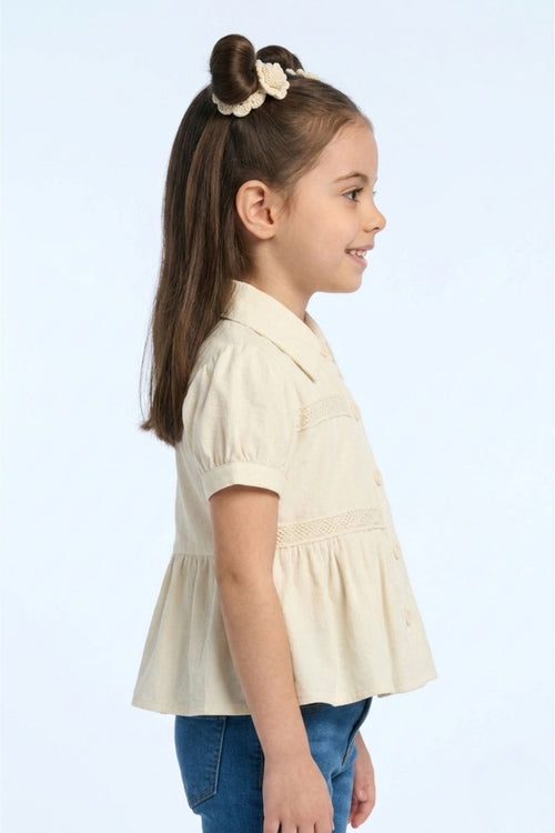 Cream Button-Down Peplum Top with Puff Sleeves TG6379