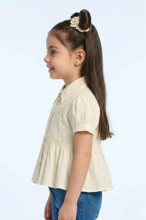 Cream Button-Down Peplum Top with Puff Sleeves TG6379