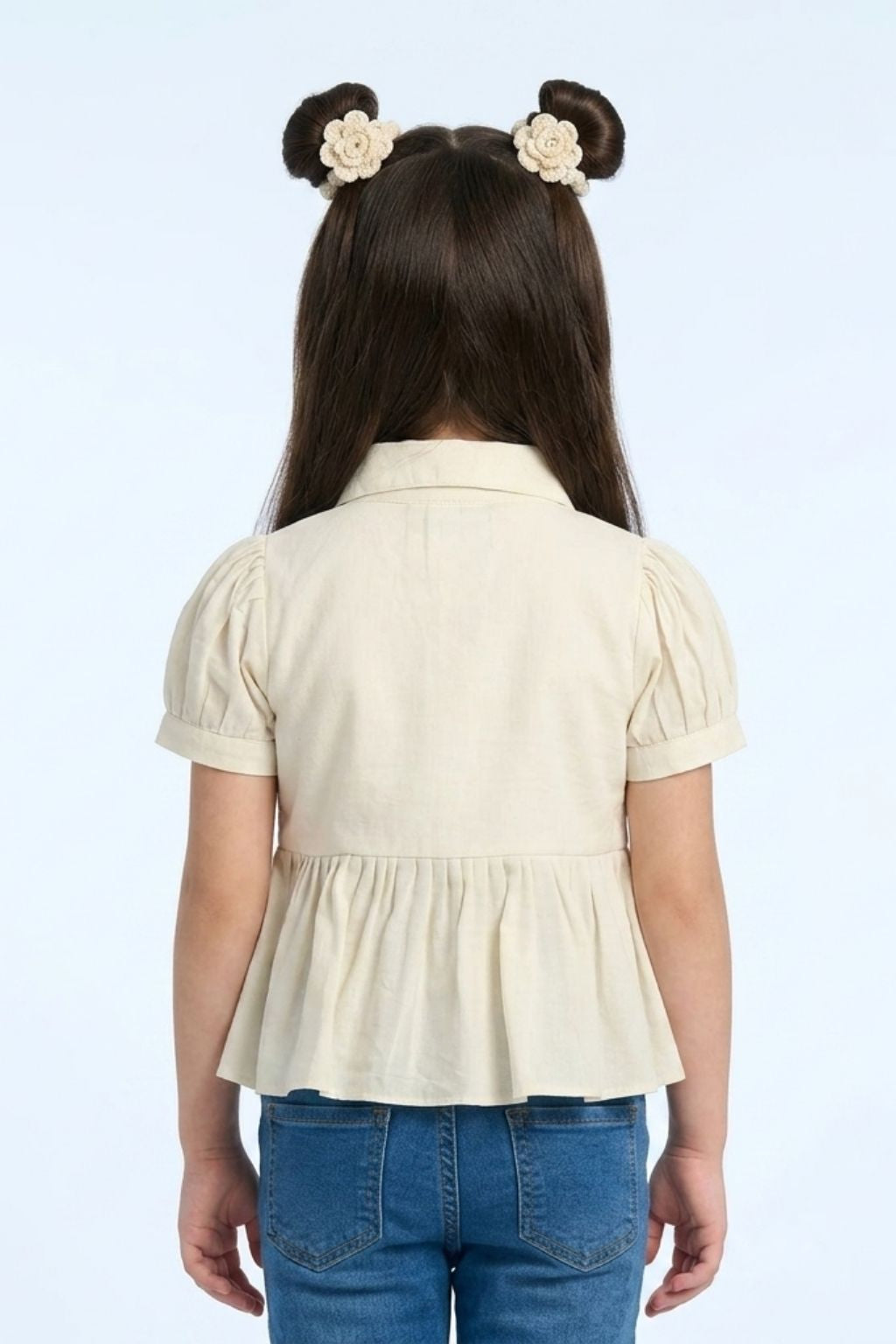 Cream Button-Down Peplum Top with Puff Sleeves TG6379