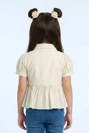 Cream Button-Down Peplum Top with Puff Sleeves TG6379