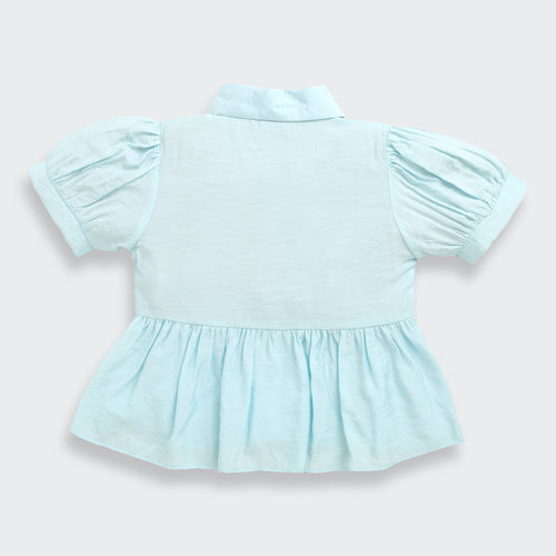 Light Blue Cotton Peplum Shirt with Lace Detail TG6379