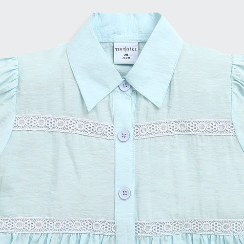 Light Blue Cotton Peplum Shirt with Lace Detail TG6379