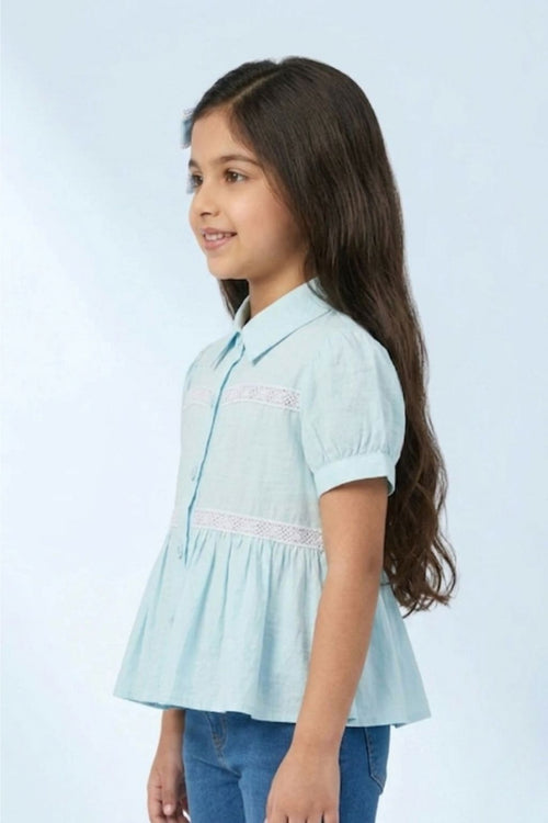 Light Blue Cotton Peplum Shirt with Lace Detail TG6379