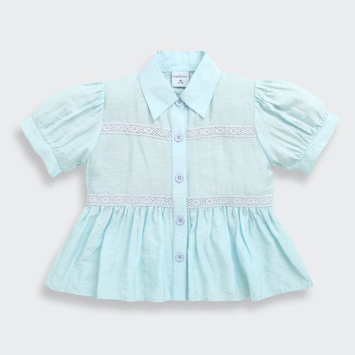 Light Blue Cotton Peplum Shirt with Lace Detail TG6379
