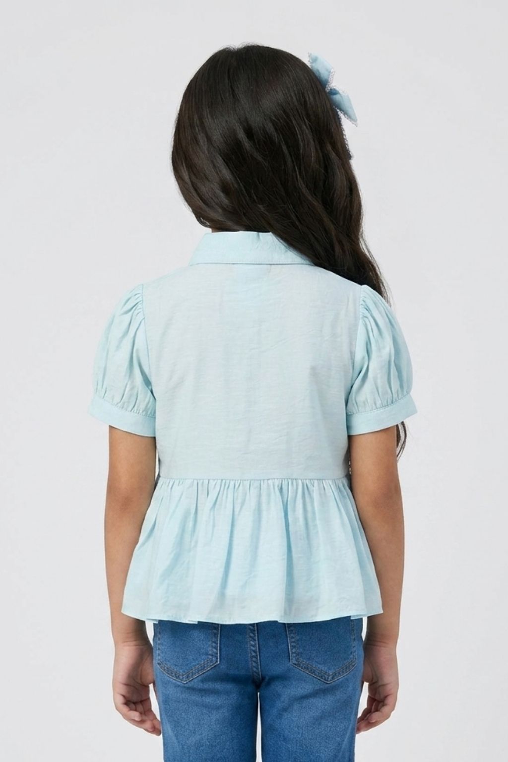 Light Blue Cotton Peplum Shirt with Lace Detail TG6379