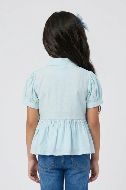 Light Blue Cotton Peplum Shirt with Lace Detail TG6379