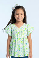 Green Floral Printed Cotton Top with Puff Sleeves TG6380