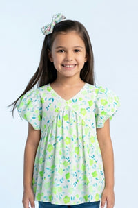Green Floral Printed Cotton Top with Puff Sleeves TG6380