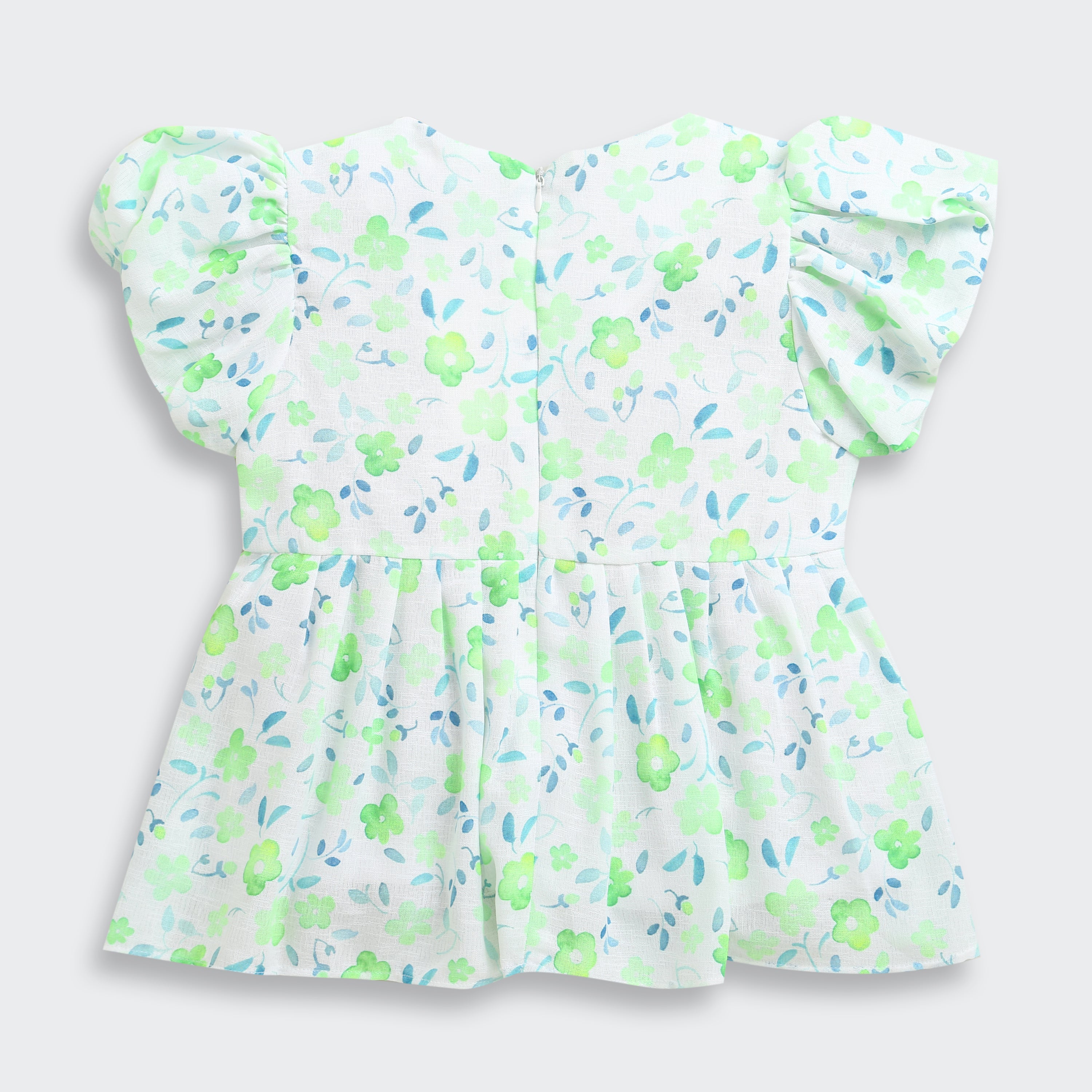 Green Floral Printed Cotton Top with Puff Sleeves TG6380