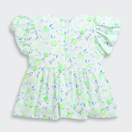 Green Floral Printed Cotton Top with Puff Sleeves TG6380