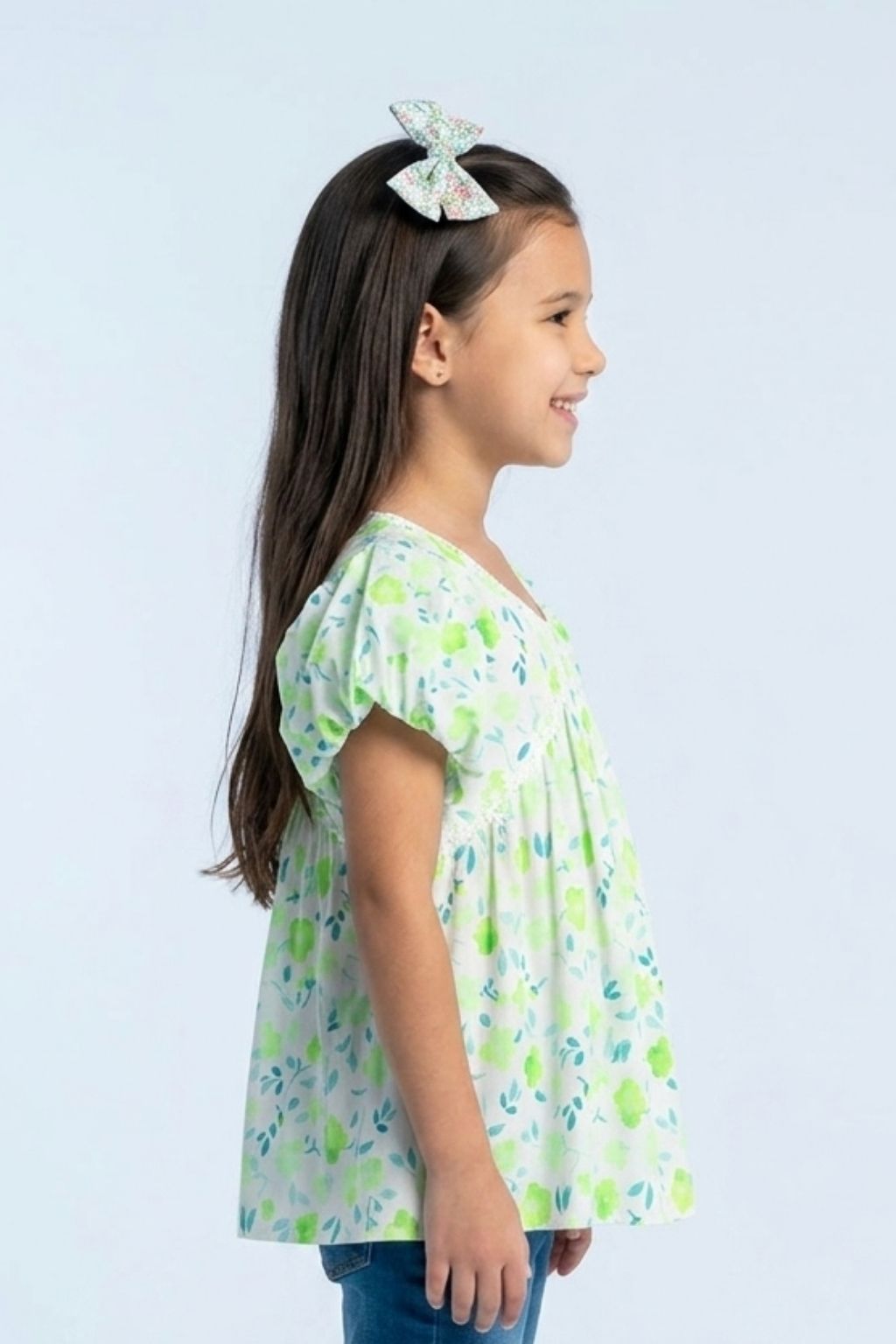 Green Floral Printed Cotton Top with Puff Sleeves TG6380