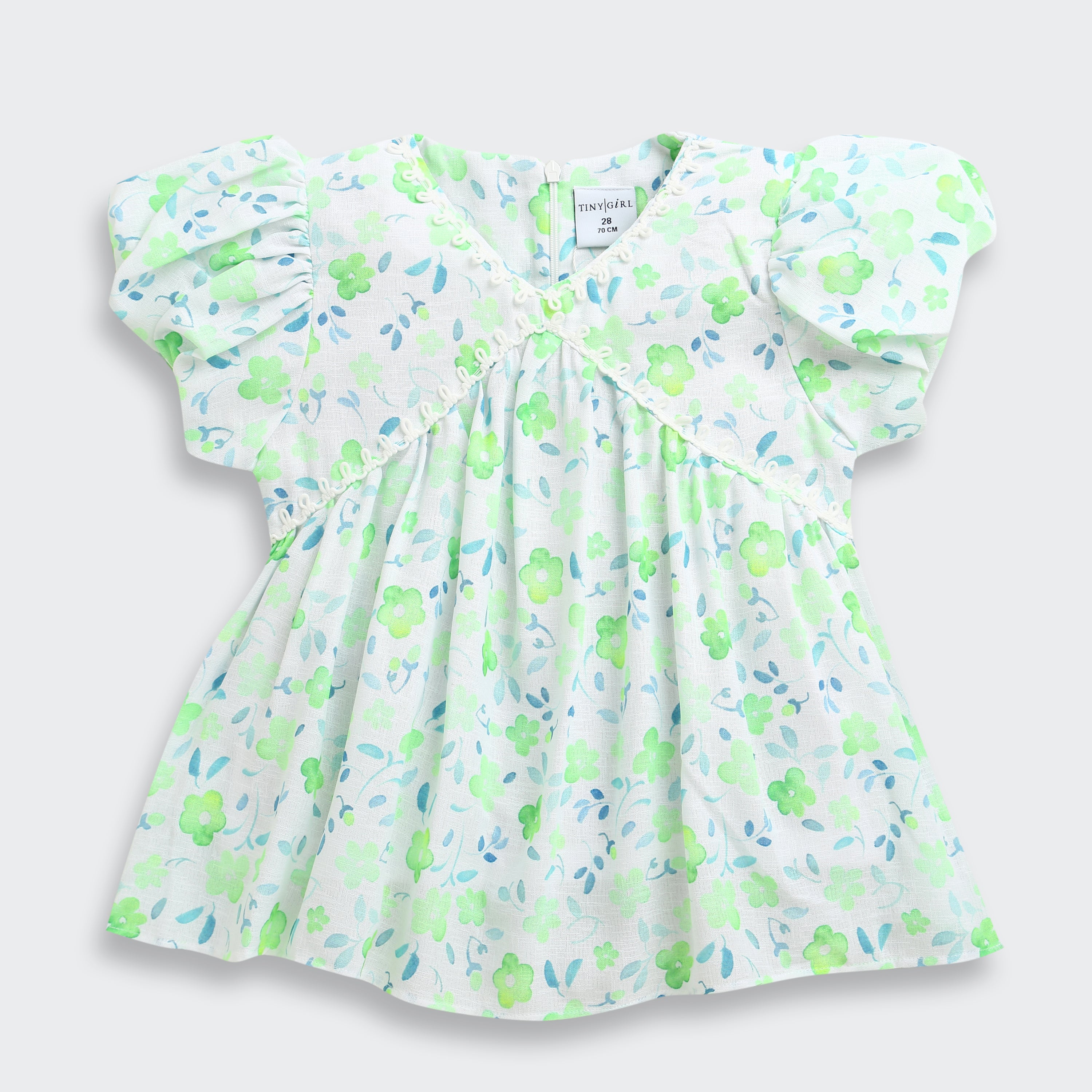 Green Floral Printed Cotton Top with Puff Sleeves TG6380