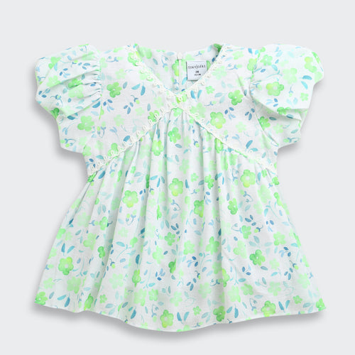 Green Floral Printed Cotton Top with Puff Sleeves TG6380