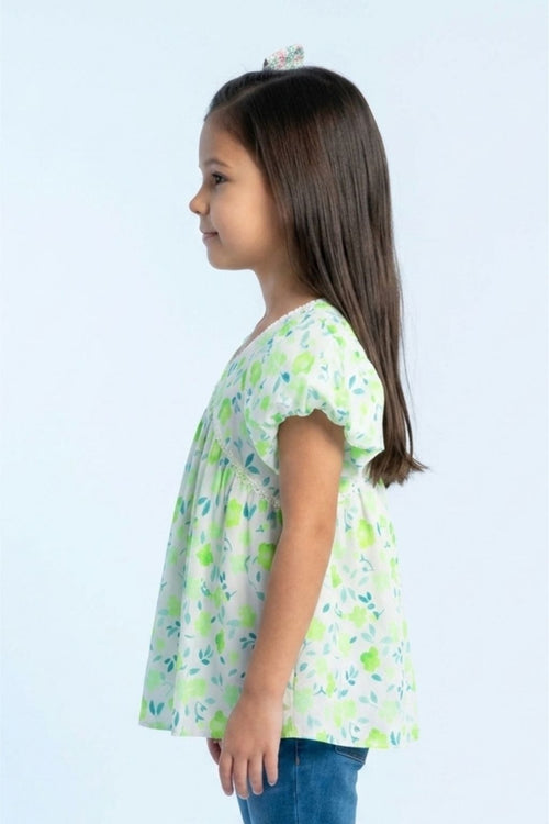Green Floral Printed Cotton Top with Puff Sleeves TG6380