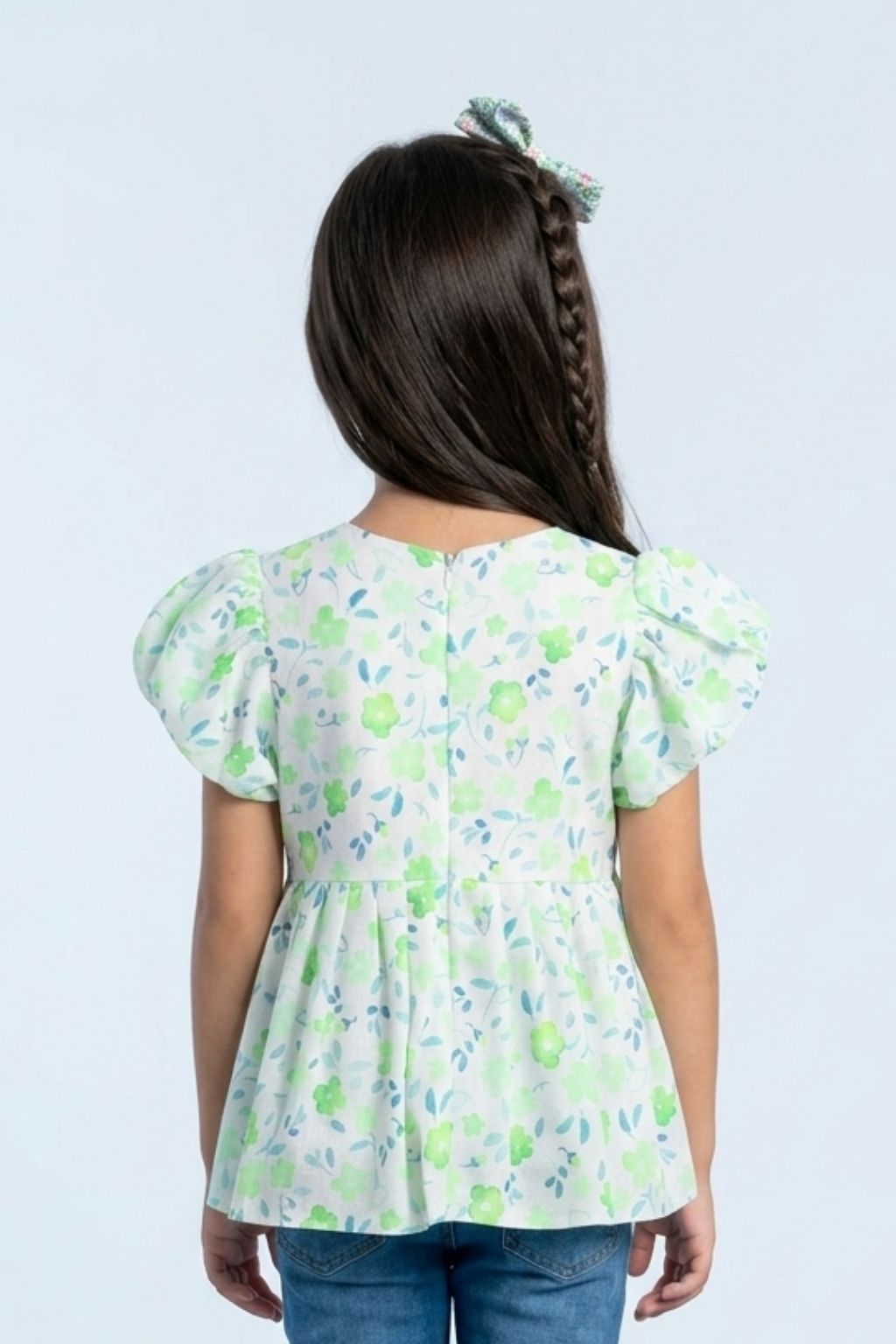 Green Floral Printed Cotton Top with Puff Sleeves TG6380