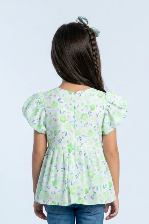 Green Floral Printed Cotton Top with Puff Sleeves TG6380