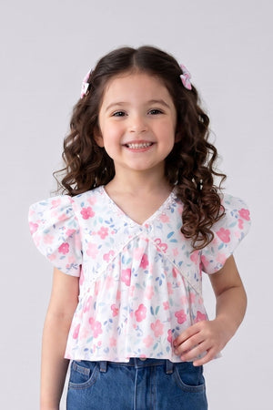 Pink Floral Printed Cotton Top with Puff Sleeves TG6380