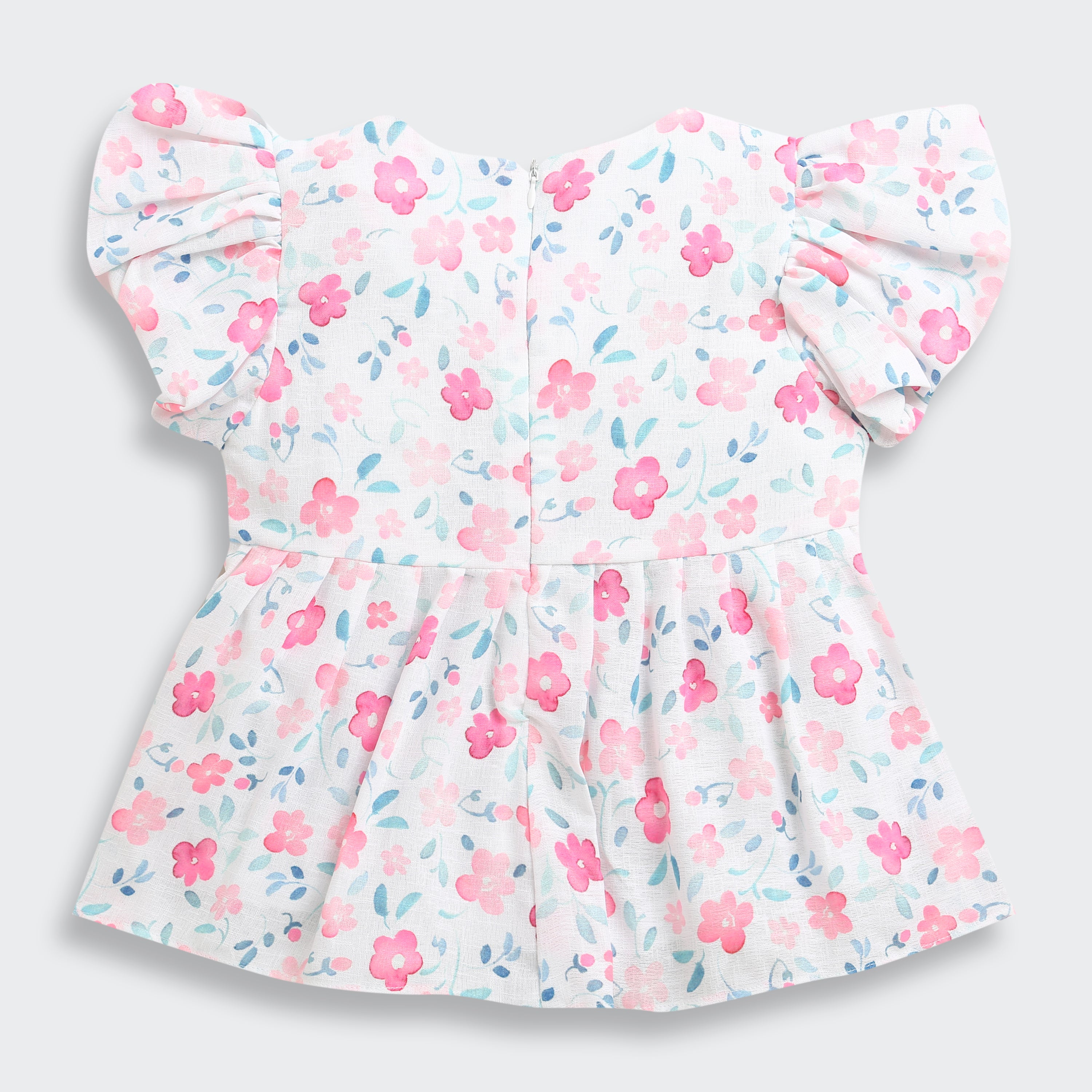 Pink Floral Printed Cotton Top with Puff Sleeves TG6380