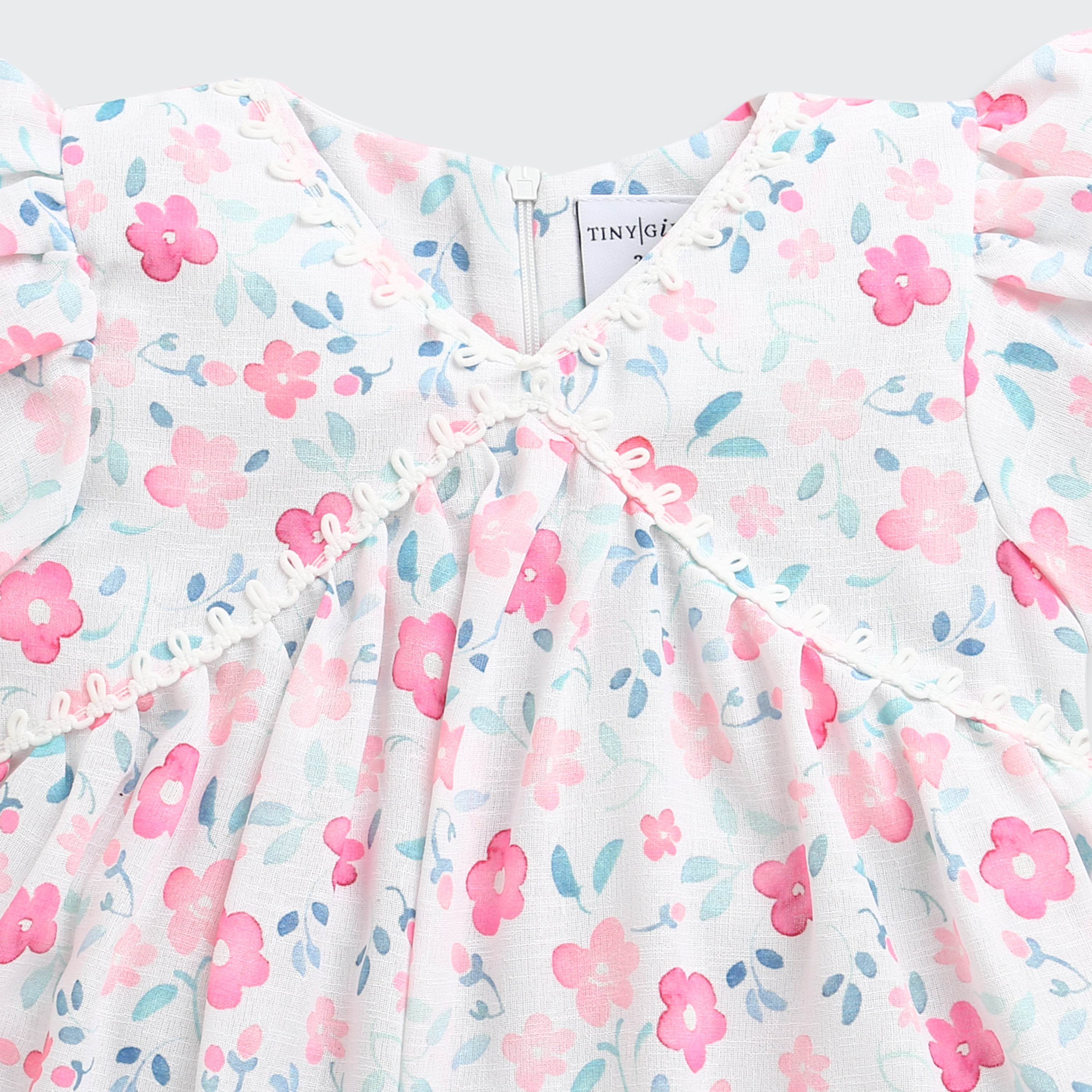 Pink Floral Printed Cotton Top with Puff Sleeves TG6380