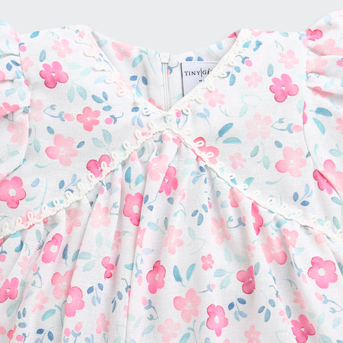 Pink Floral Printed Cotton Top with Puff Sleeves TG6380