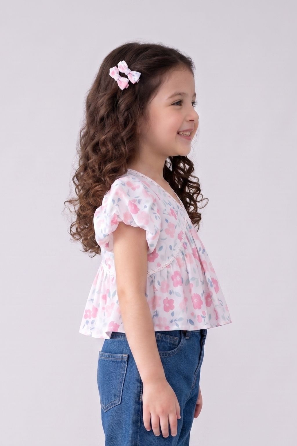 Pink Floral Printed Cotton Top with Puff Sleeves TG6380