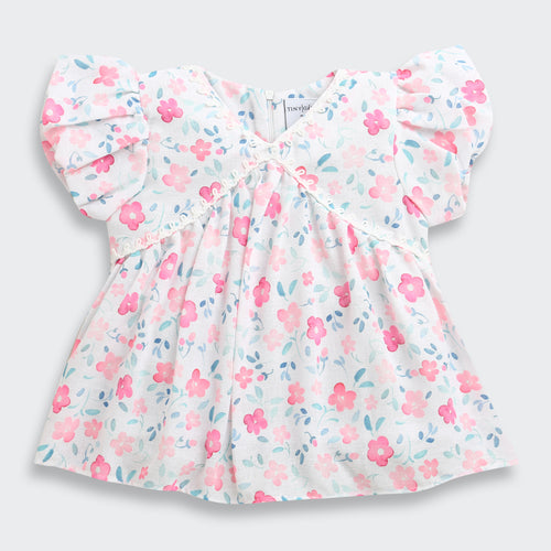 Pink Floral Printed Cotton Top with Puff Sleeves TG6380