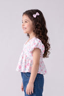 Pink Floral Printed Cotton Top with Puff Sleeves TG6380