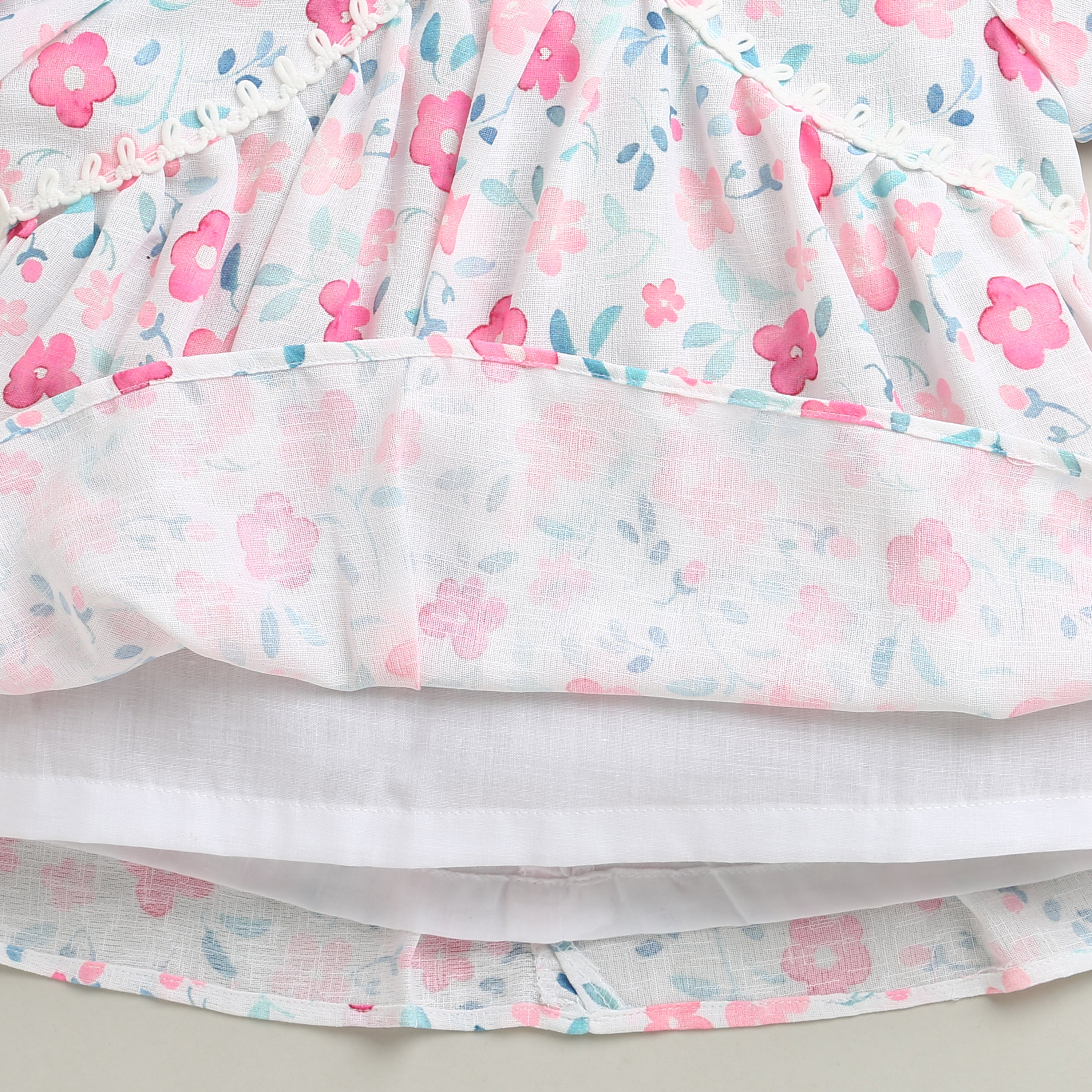Pink Floral Printed Cotton Top with Puff Sleeves TG6380