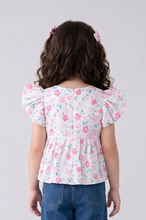 Pink Floral Printed Cotton Top with Puff Sleeves TG6380