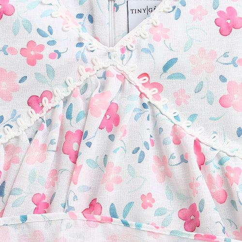 Pink Floral Printed Cotton Top with Puff Sleeves TG6380