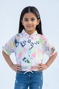 White Graphic Printed Mesh Shirt with Tie-Up Hem TG6384
