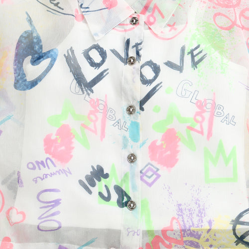 White Graphic Printed Mesh Shirt with Tie-Up Hem TG6384